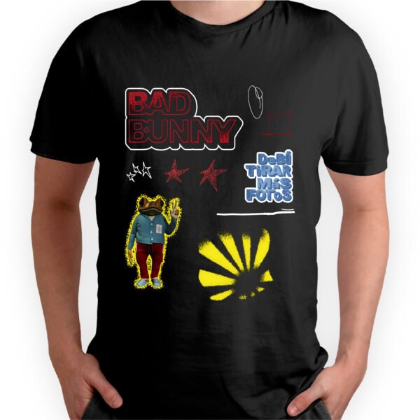 Mesa de trabajo 7-100 Playera Negra Hombre Bad Bunny DTMF Casual Urbano